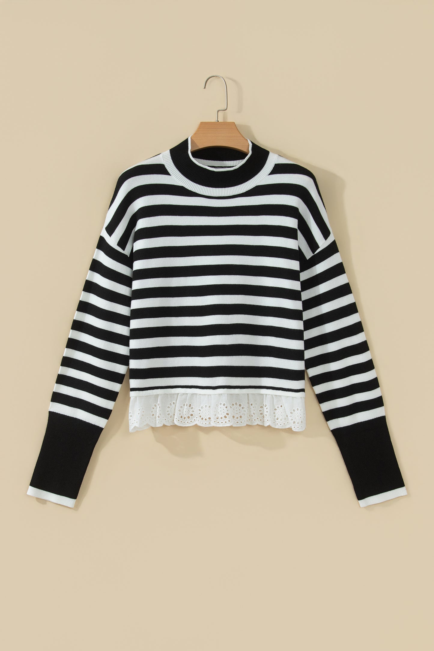 Black Striped High Neck Contrast Ruffle Detail Casual Sweater