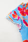 Sky Blue Floral Print V Neck Pompom Trim Flutter Sleeve Blouse