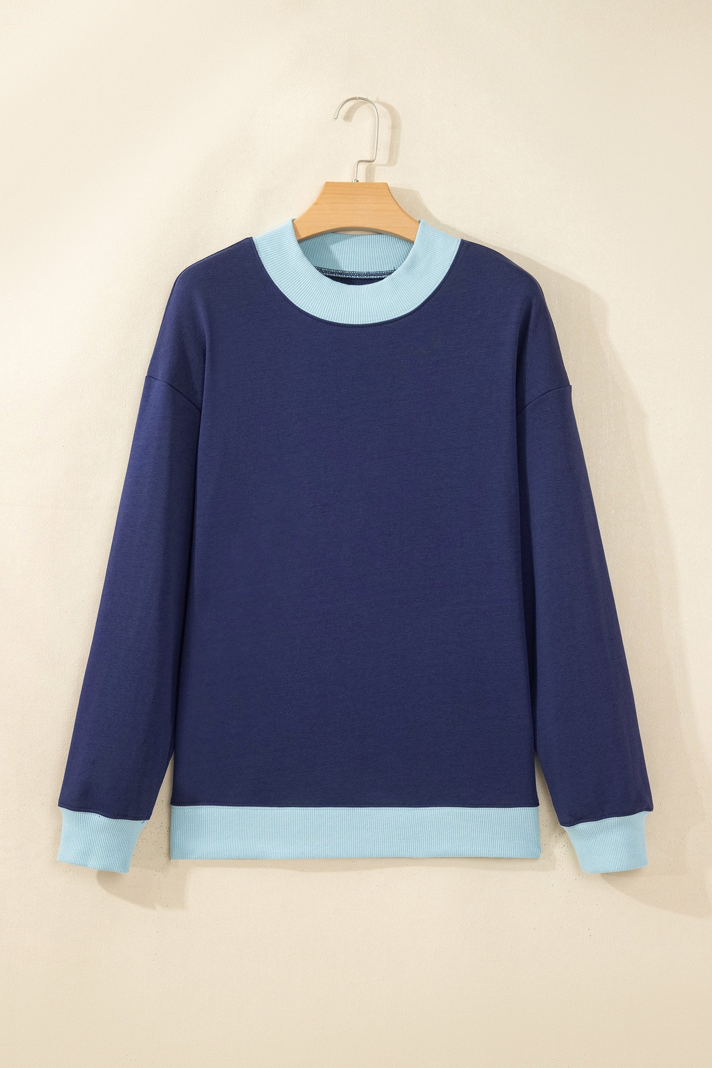 Coffee Colorblock Trim Crewneck Long Sleeve Pullover Sweatshirt