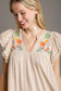 Jet Stream Linen Embroidery Split Neck Pom Pom Ruffle Sleeves Flowy Short Dress