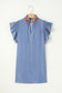 Sky Blue Stripe Frilly Split Neck Shirred Ruffle Sleeve Short Shift Dress