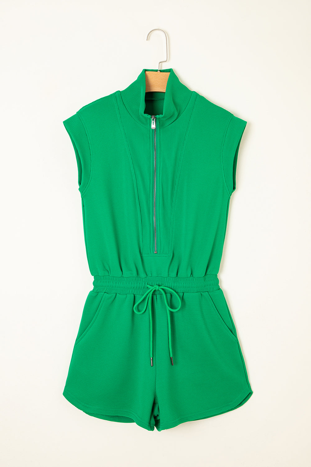 Bright Green Textured Short Sleeve Half Zip Drawstring Waist Romper