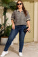 Brown Plus Size Leopard Print Striped Webbing Patchwork Half Zip Blouse