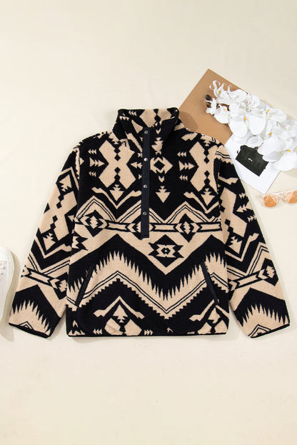 Black Plus Size Western Aztec Pattern Half Button Collared Plush Sweatshirt