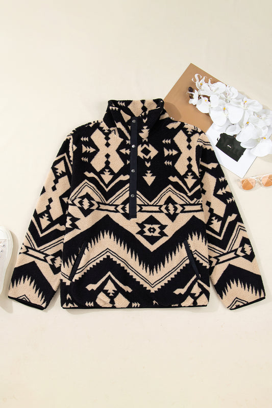 Black Plus Size Western Aztec Pattern Half Button Collared Plush Sweatshirt