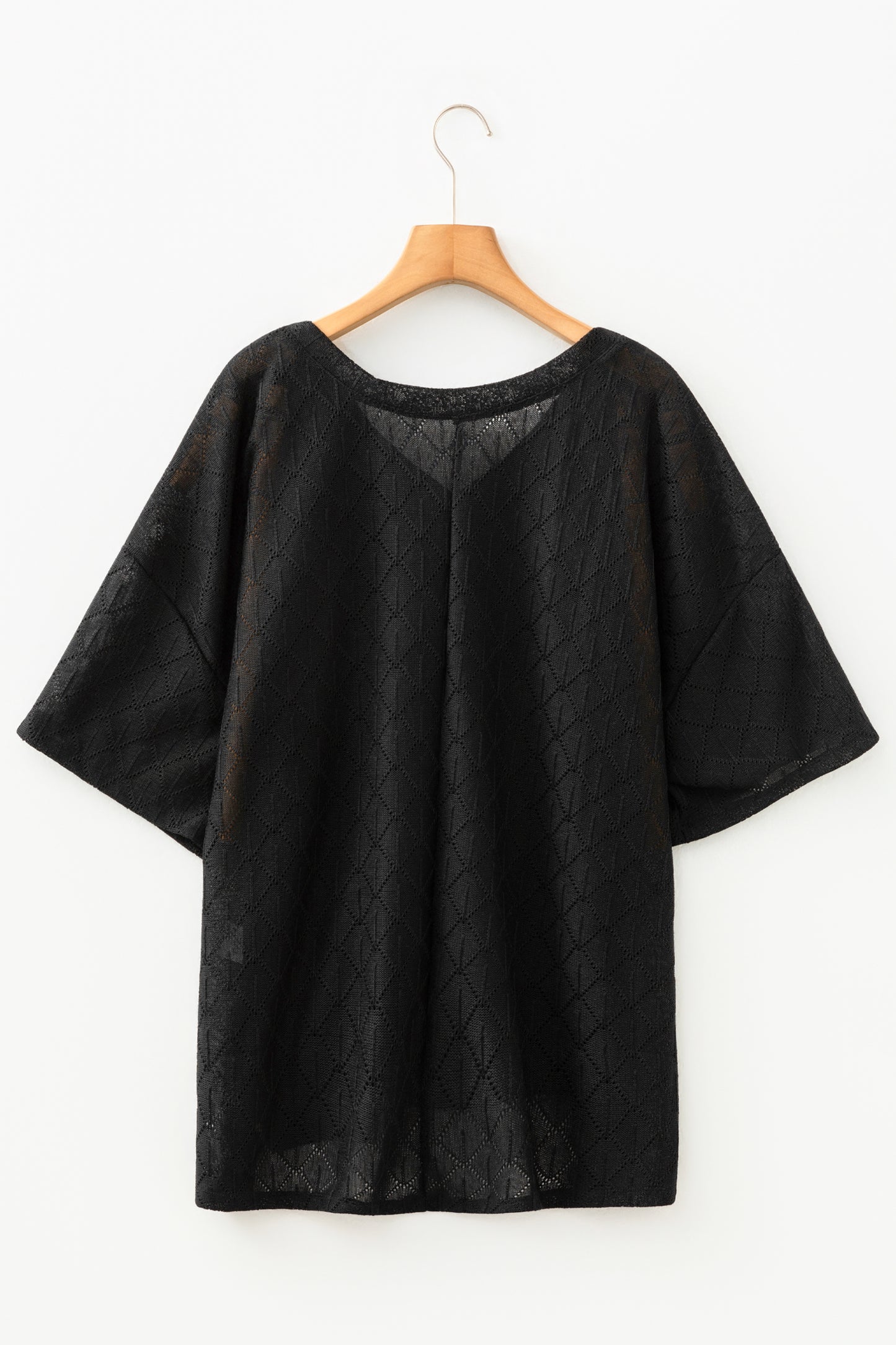 Golden Fleece Pointelle Rhombus Knit Plus Size V Neck Loose Top