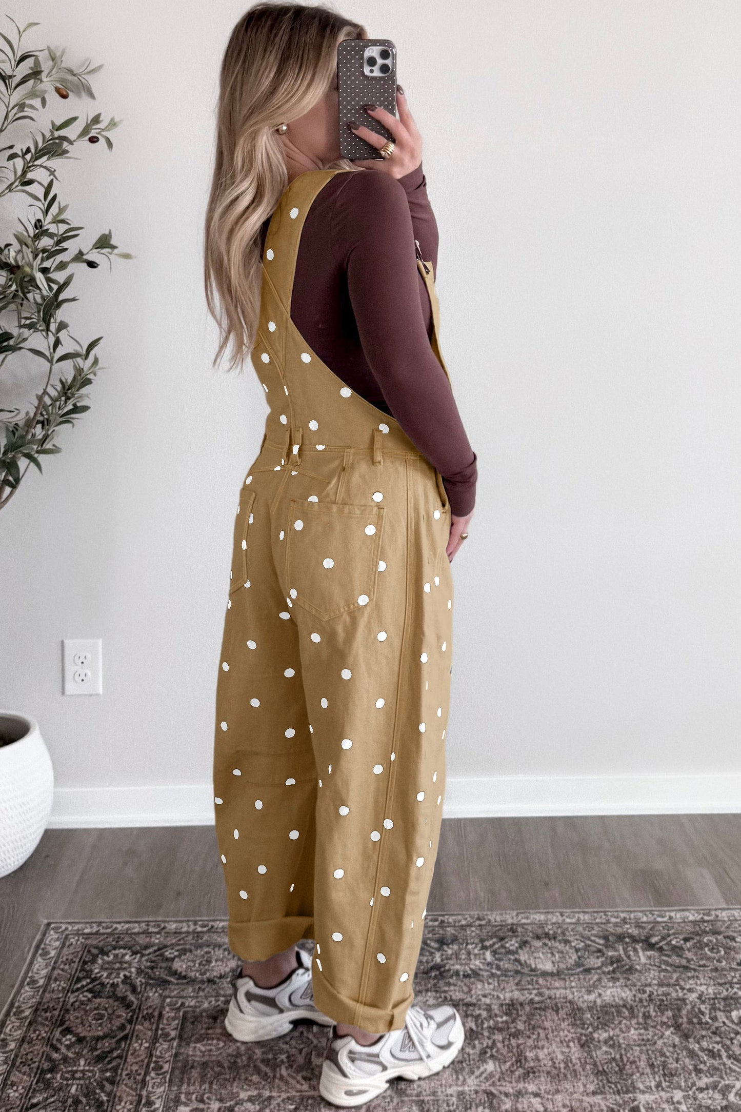 Jet Stream Polka Dot Print Bib Pocket Denim Barrel Overalls Jumpsuit