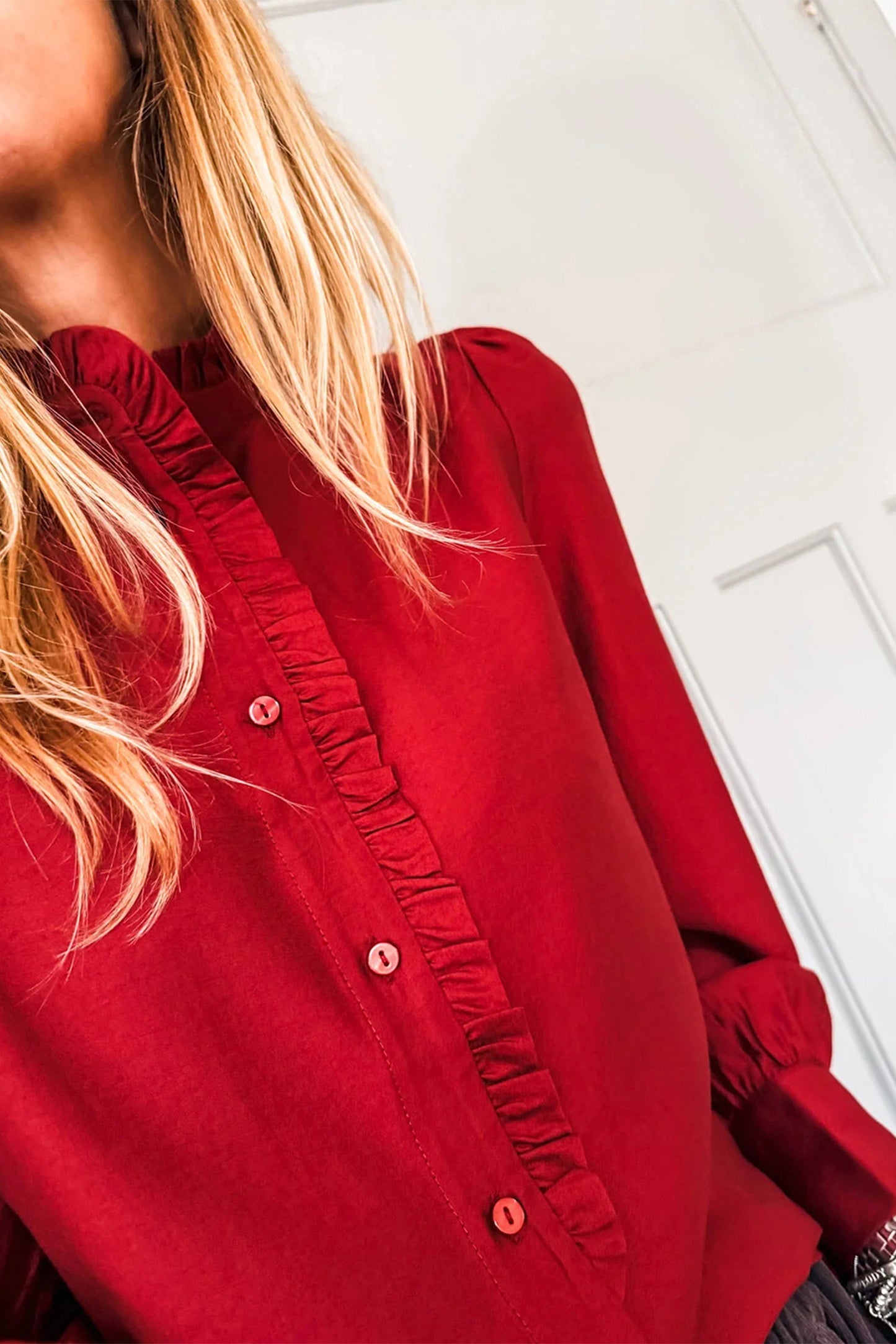 Fiery Red Frilled Trim Button Up Pleated Long Sleeve Shirt