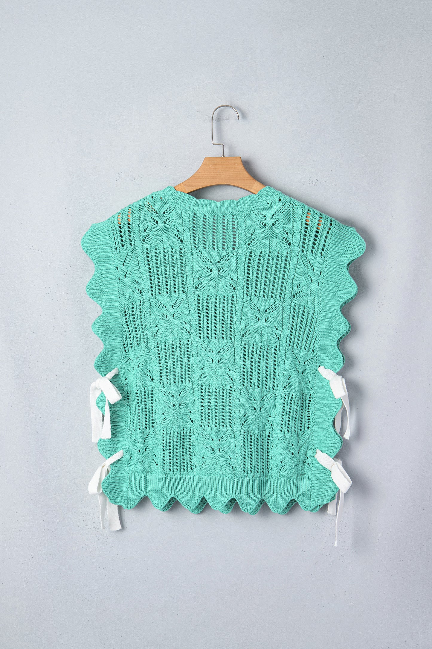 Beau Blue Pointelle Knit Patterned Scalloped Trim Short Sleeve Sweater