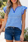 Blue Stripe Contrast Trim Polo Collar Ruffled Short Sleeve Blouse