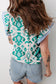 Sky Blue Ethnic Print Striped Trim Flutter Sleeve Top