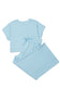 Mist Blue Solid Color Ribbed Trim Short Sleeve Top Drawstring Loose Pants 2pcs Outfit