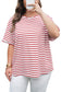 Red Stripe Plus Size Scalloped Trim Round Neck Short Sleeve Top