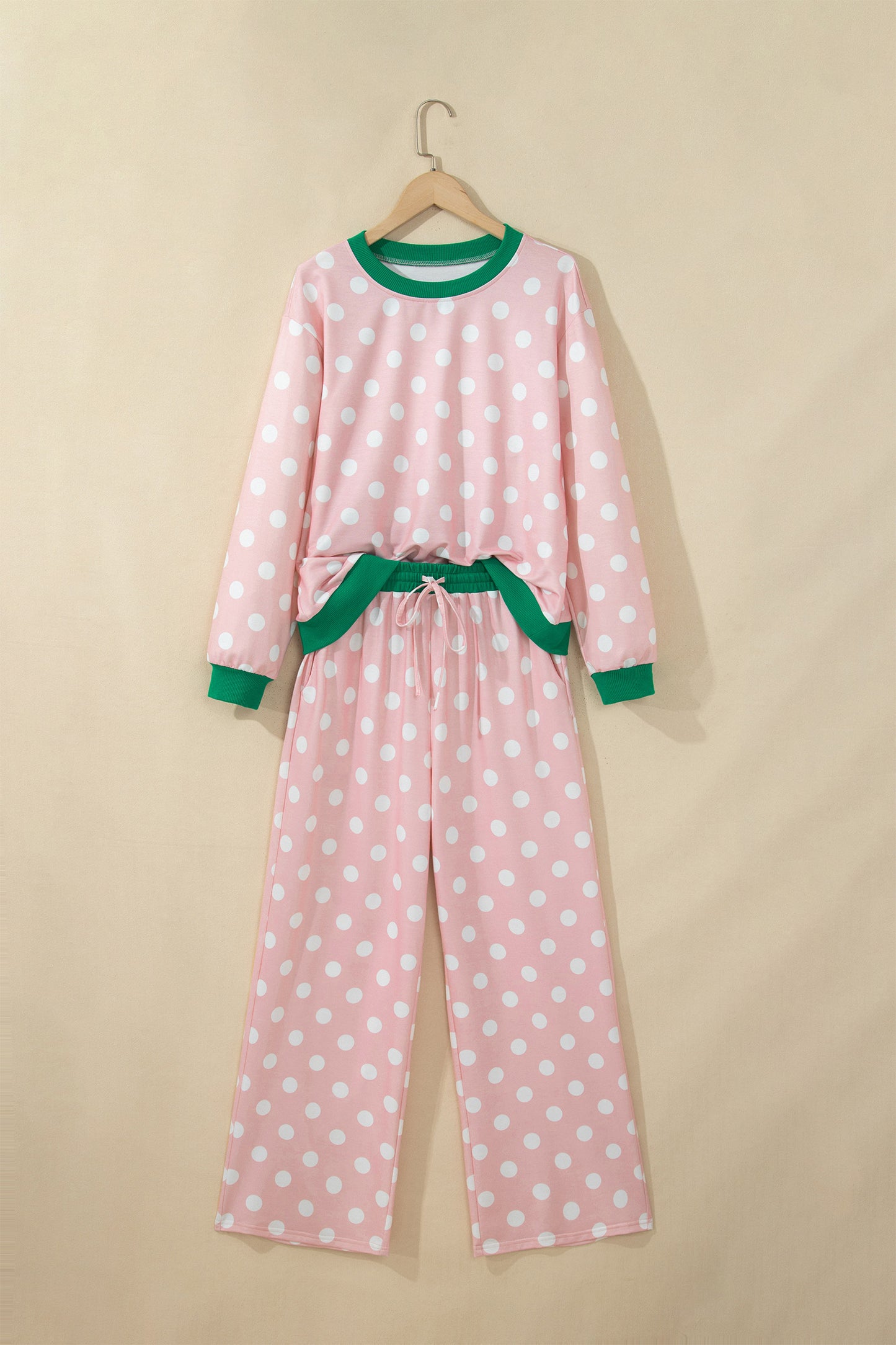 Sky Blue Polka Dot Contrast Trim Long Sleeve Top Drawstring Shift Pants Set