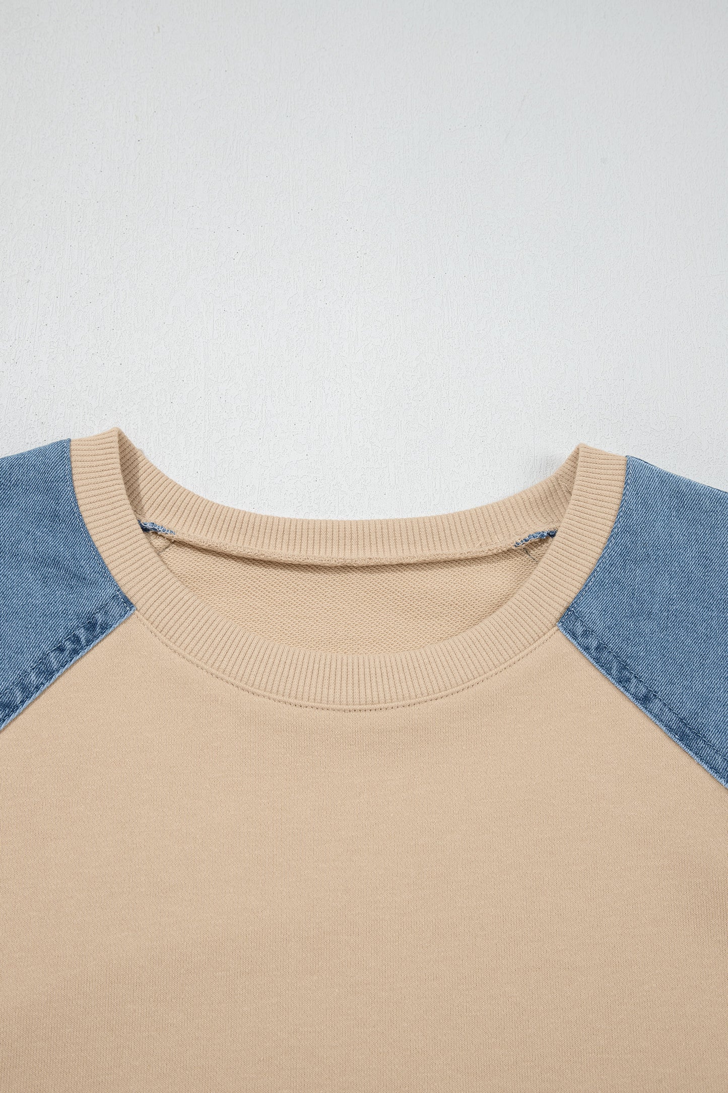 Beige Denim Color Block Patchwork Round Neck Tee