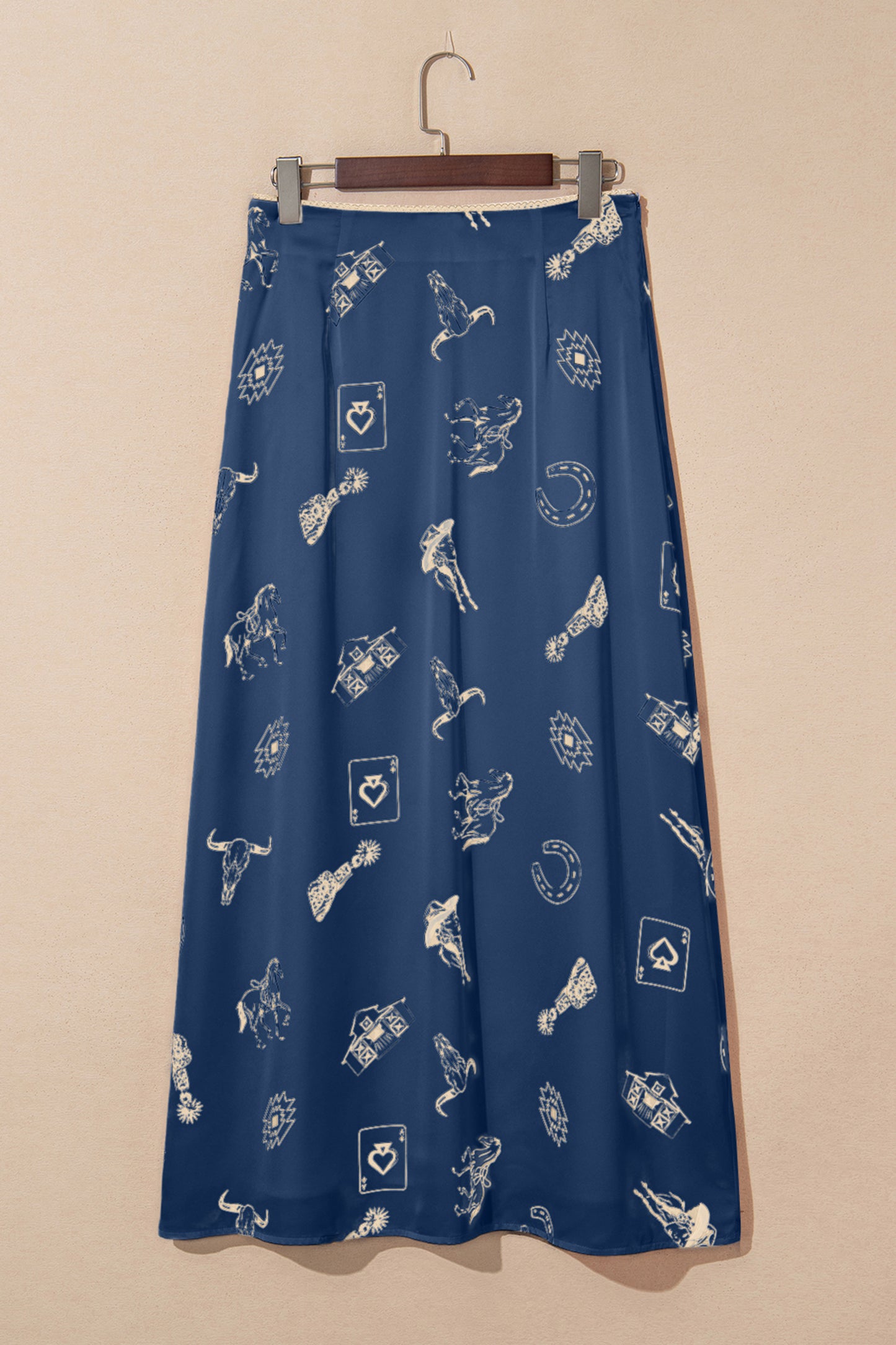 White Western Print Satin Long Skirt