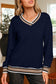 Navy Blue Varsity Contrast Striped Trim V Neck Sweatshirt
