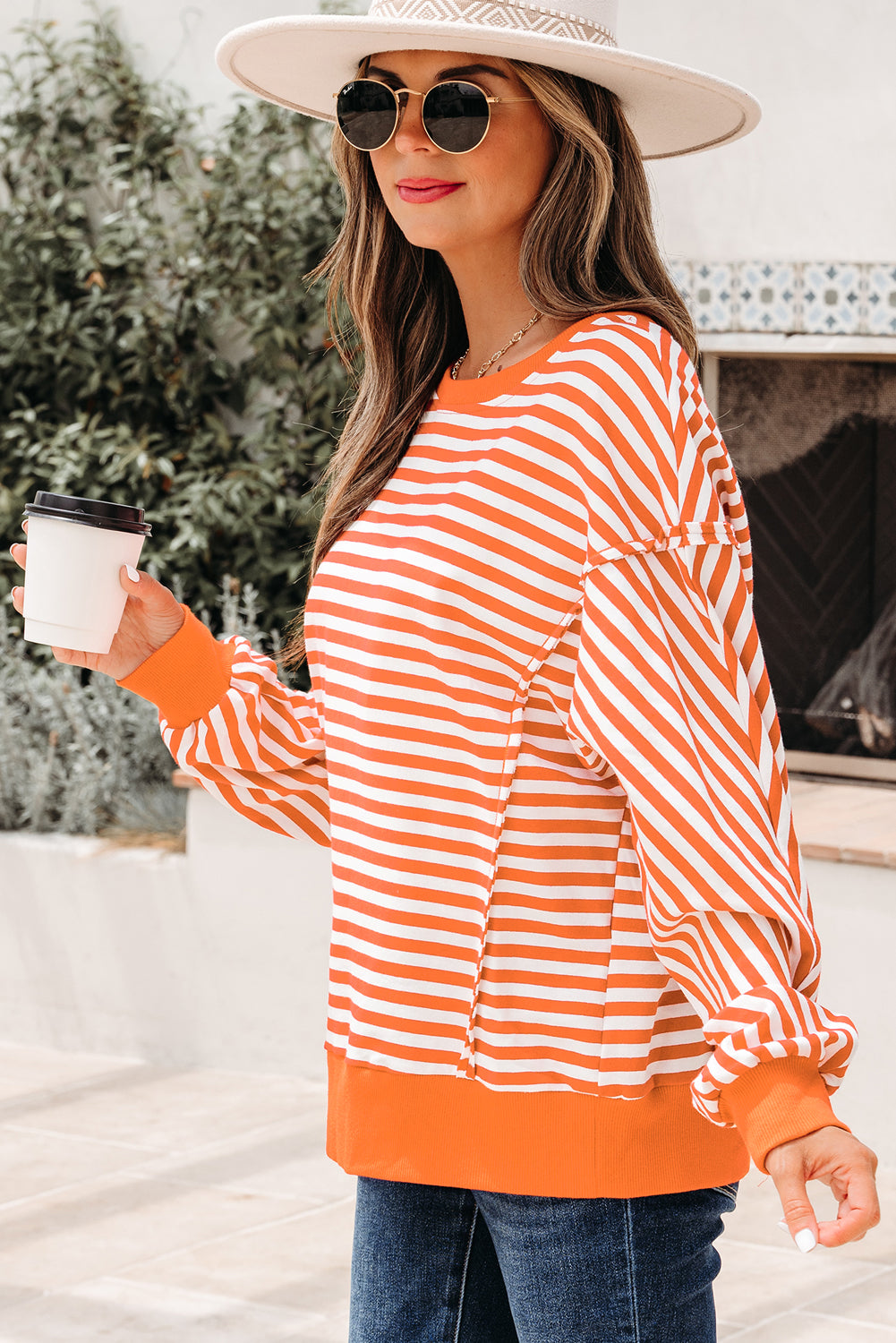 Red Stripe Exposed Seam Drop Shoulder Casual Pullover Top