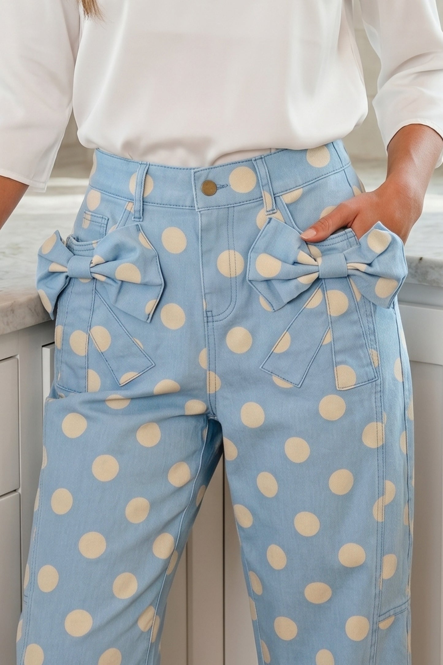 Sky Blue Polka Dot Print Bow Detail Pocketed Jeans