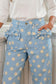 Sky Blue Polka Dot Print Bow Detail Pocketed Jeans