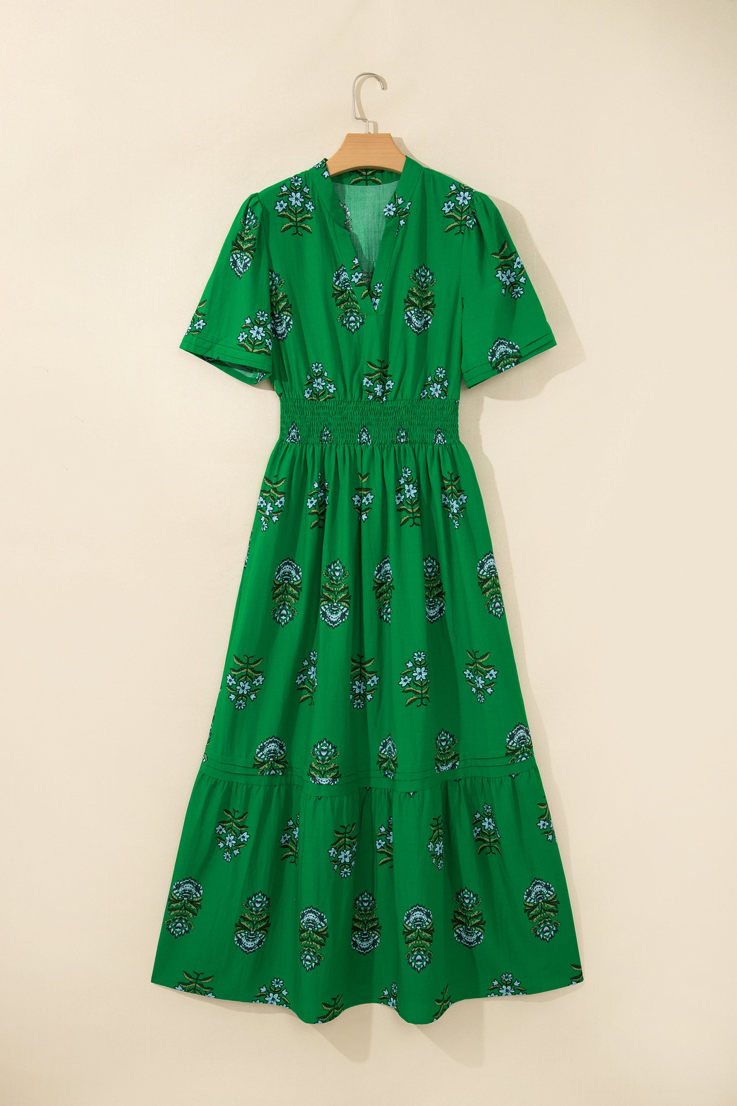 White Floral Print Split Neck Shirred High Waist Ruffle Hem Maxi Dress