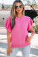 Beau Blue Solid Color Ribbed Trim Round Neck Ruffle Short Sleeve Sweater