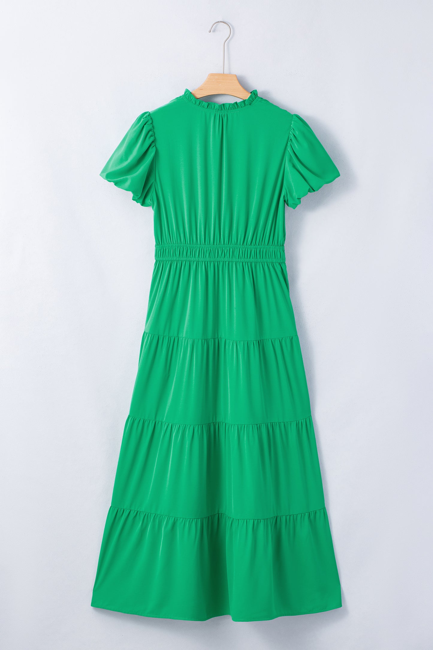 Clearly Aqua Solid Color V Neck Short Puff Sleeve High Waist Tiered Maxi Dress