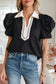 Bright Green Ricrac Trim Color Block Patchwork Shirt Collar Short Sleeve Blouse