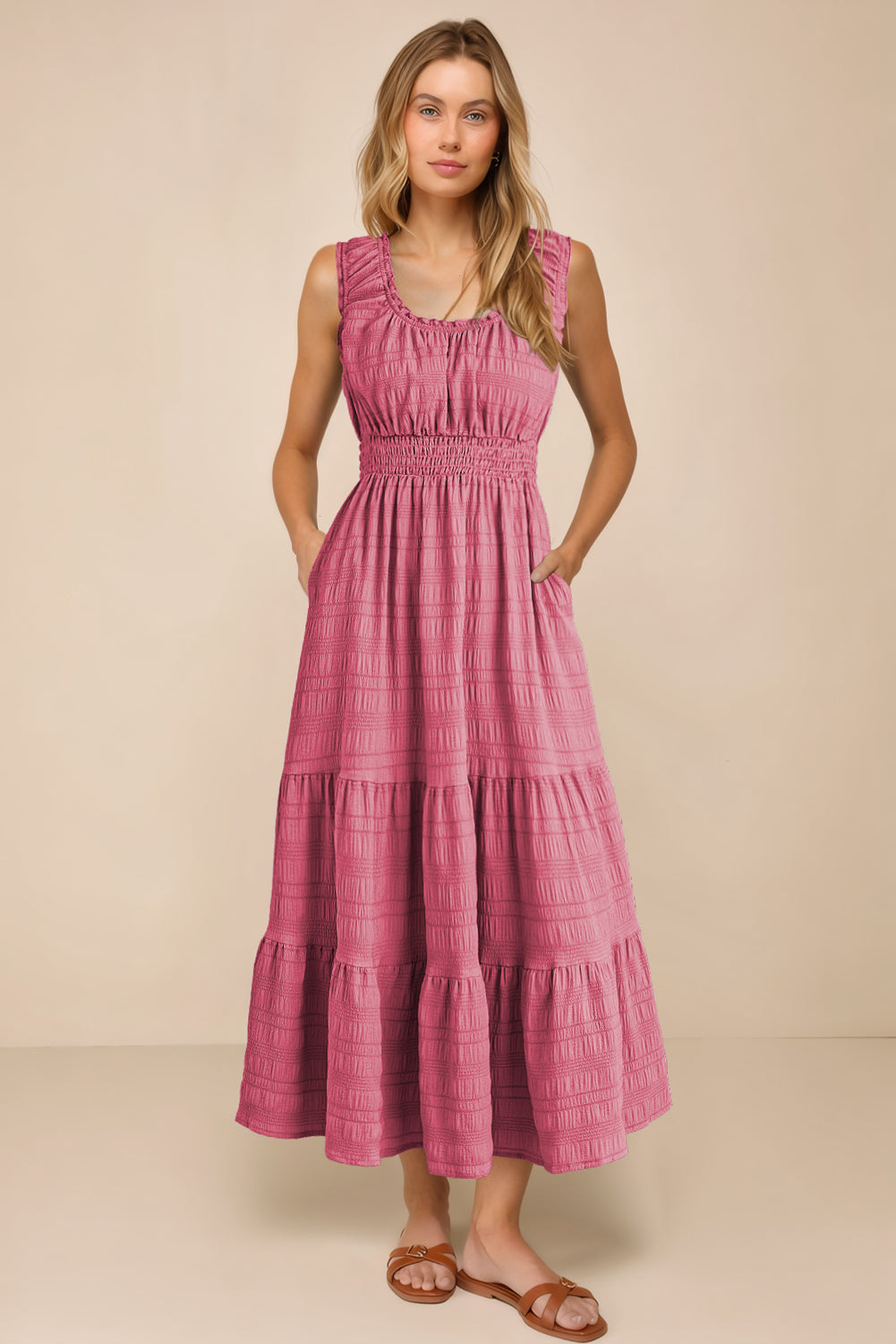 Green Shirred Pleated Square Neck Sleeveless Midi Dress
