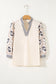 White Floral Puff Sleeve Contrast V Neck Patchwork Blouse