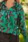 Green Leaves Print Contrast Trim V Neck Shirred Puff Sleeve Blouse