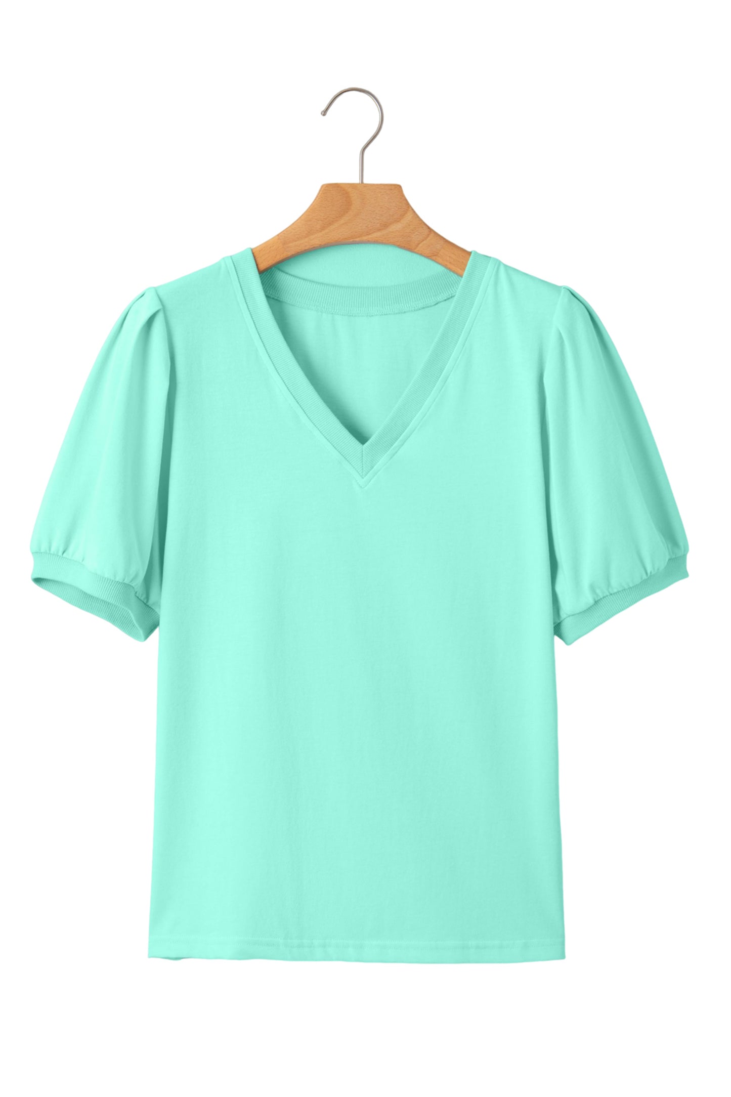 Bonbon Solid Color V Neck Short Puff Sleeve Blouse