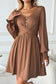 Canton Shirred Cuff Long Sleeve Button Round Neck Mini Dress