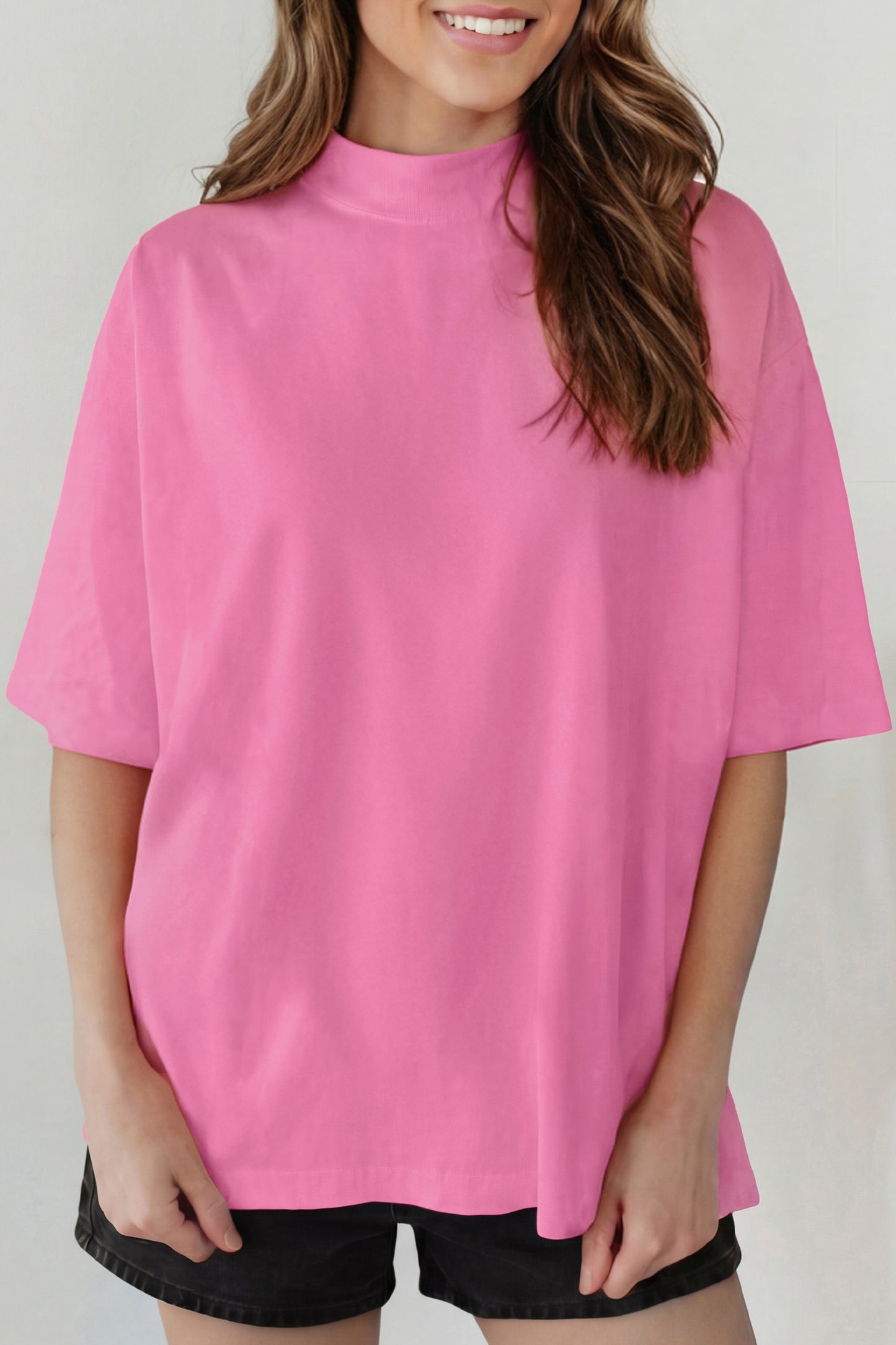 Sachet Pink Solid Color High Neck Oversize Tee
