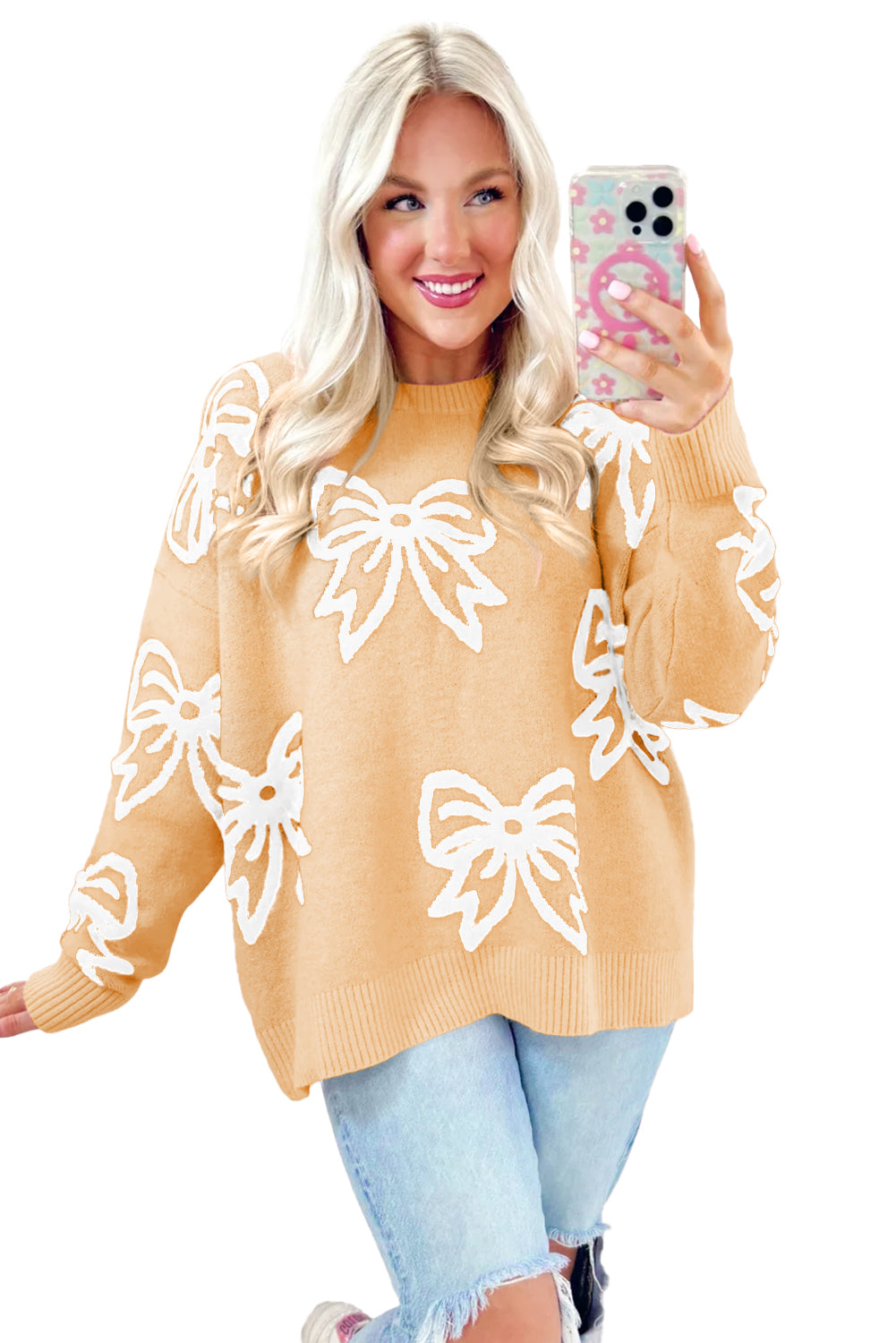 Pink Bow Pattern Drop Shoulder Loose Sweater