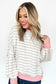Pink Twisted Rib Trim Striped Round Neck Long Sleeve Top