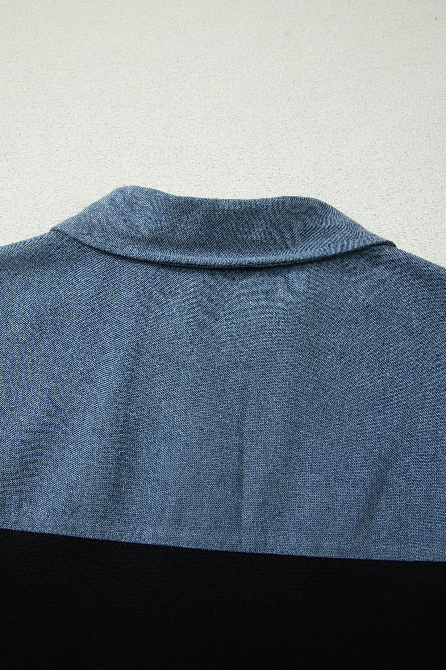 Black Color Block Denim Patchwork Button Polo Collar Short Sleeve Top