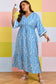 Sky Blue Plus Size Geometric Print Contrast Trim V Neck Bracelet Sleeve Long Dress