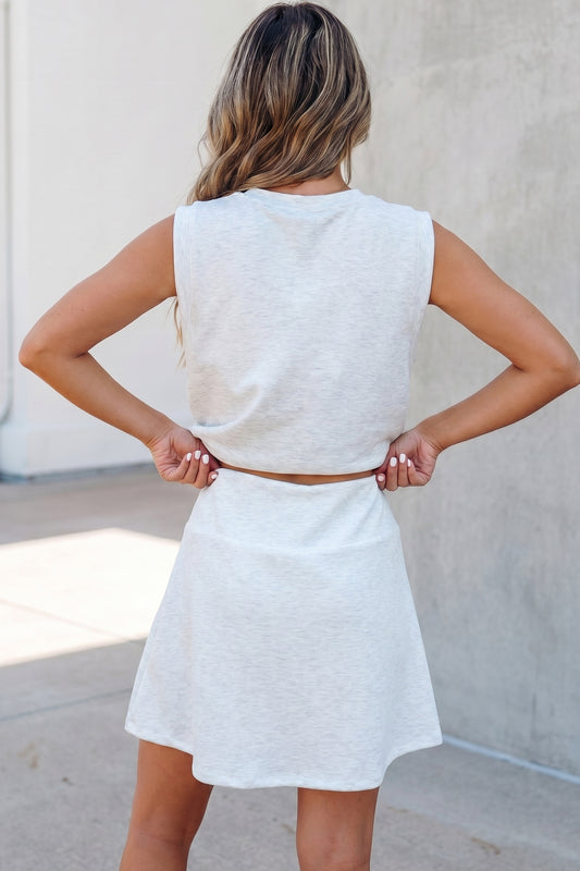 Light Grey Solid Color Sleeveless Zipper Tank and Skort Set