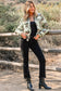 Khaki Floral Print Zip Up Contrast Collared Jacket