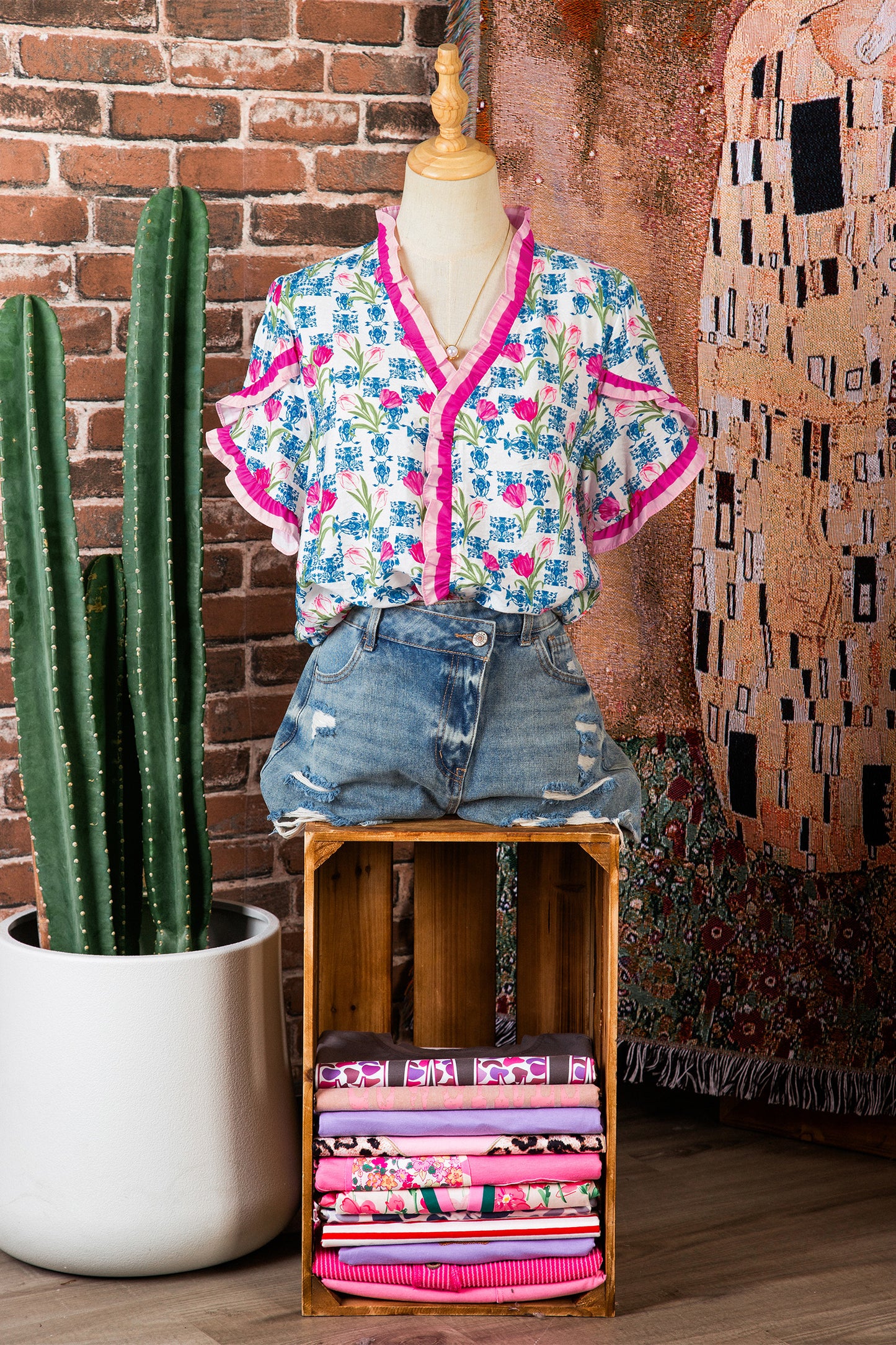 Rose Floral Print Ruffle V-Neck Short Sleeve Loose Tunic Shirt